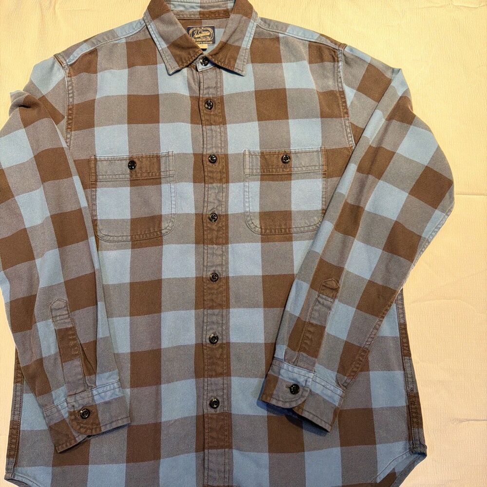 J. Crew Mens Blue Brown Buffalo Plaid Flannel Button Down Shirt Size M Regular